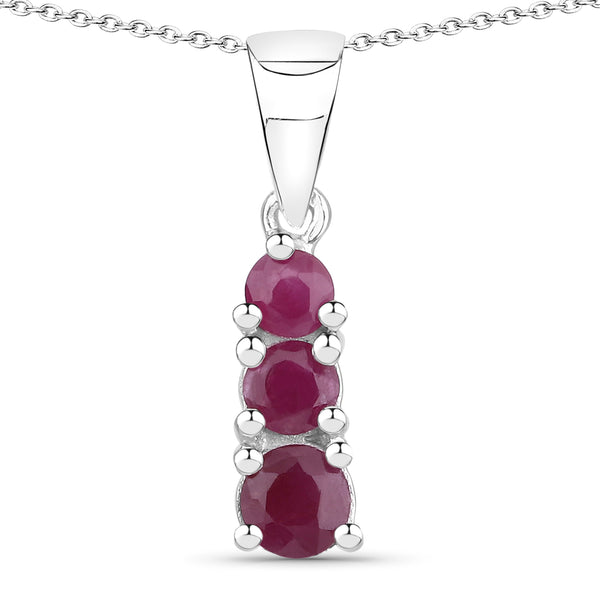 Genuine 3-Stone Ruby Sterling Silver Pendant