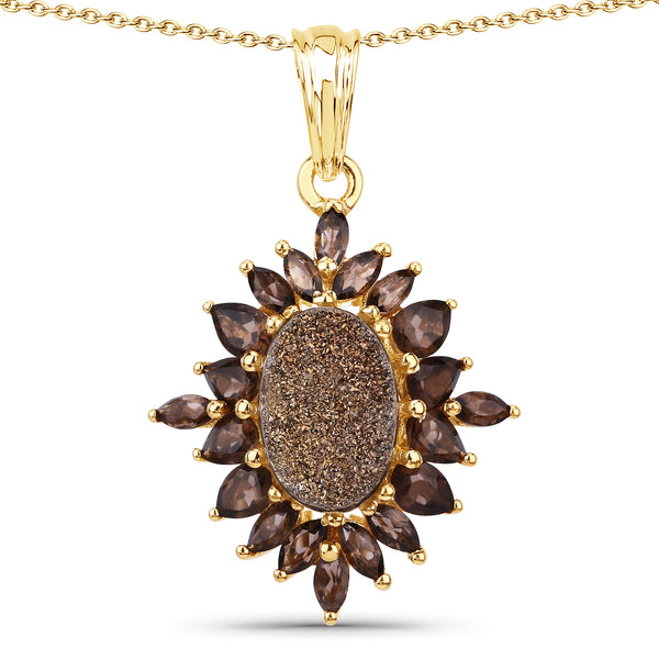 Genuine 14K Yellow Gold Plated Plated Druzy Quartz and Smoky Quartz Cluster Sterling Silver Pendant