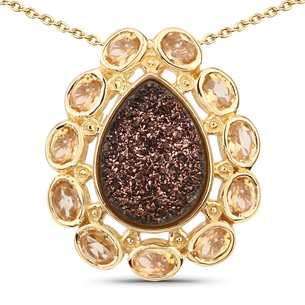 Genuine 14K Yellow Gold Plated Plated Red Druzy Quartz and Citrine Sterling Silver Pendant