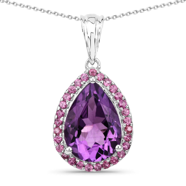 Genuine Amethyst and Rhodolite Garnet Tear Drop Sterling Silver Pendant