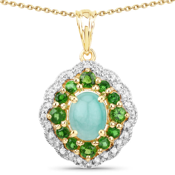 Genuine 14K Yellow Gold Plated Plated Emerald, Chrome Diopside and White Topaz Sterling Silver Pendant