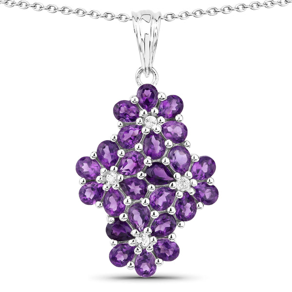 Genuine Amethyst and White Topaz Floral Pendant in Sterling Silver