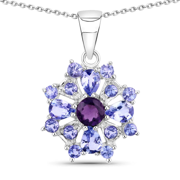 Genuine Amethyst and Tanzanite Cluster Pendant in Sterling Silver