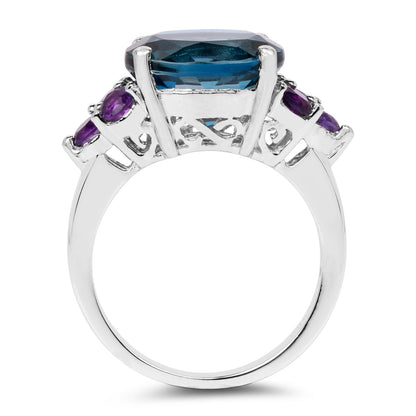 Genuine London Blue Topaz and Amethyst Cocktail Sterling Silver Graduated Ring