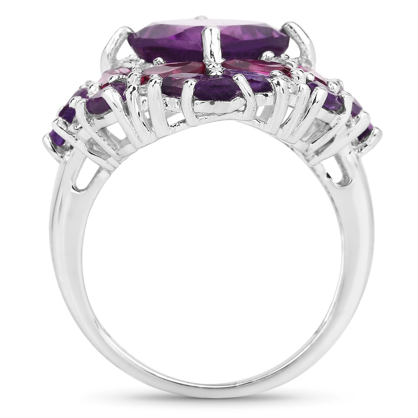 Genuine Amethyst, Rhodolite Garnet and White Topaz Sterling Silver Graduated Ring