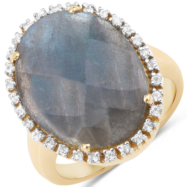 Genuine 14K Yellow Gold Plated Labradorite and White Topaz Sterling Silver Ring