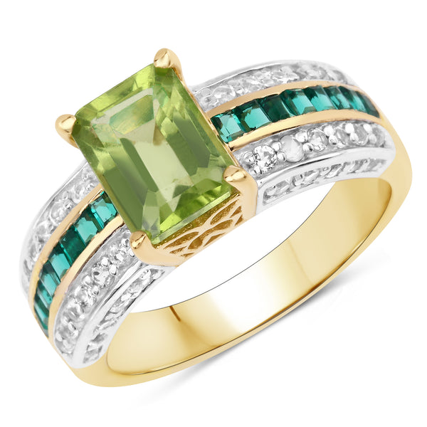 Genuine 14K Yellow Gold Plated Peridot, Zambian Emerald and White Topaz Sterling Silver Ring