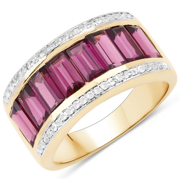 Genuine 14K Yellow Gold Plated Rhodolite and White Topaz Sterling Silver Band Ring