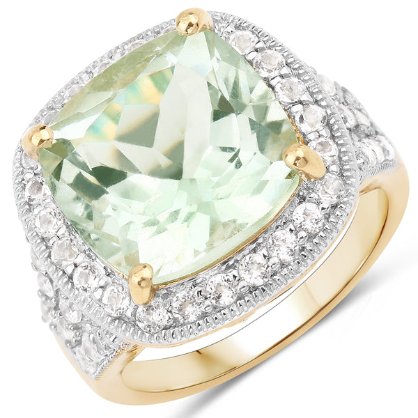 Genuine 14K Yellow Gold Plated Green Amethyst and White Topaz Sterling Silver Ring