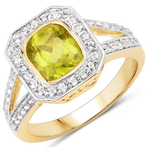 Genuine 14K Yellow Gold Plated Peridot and White Topaz Sterling Silver Halo Ring