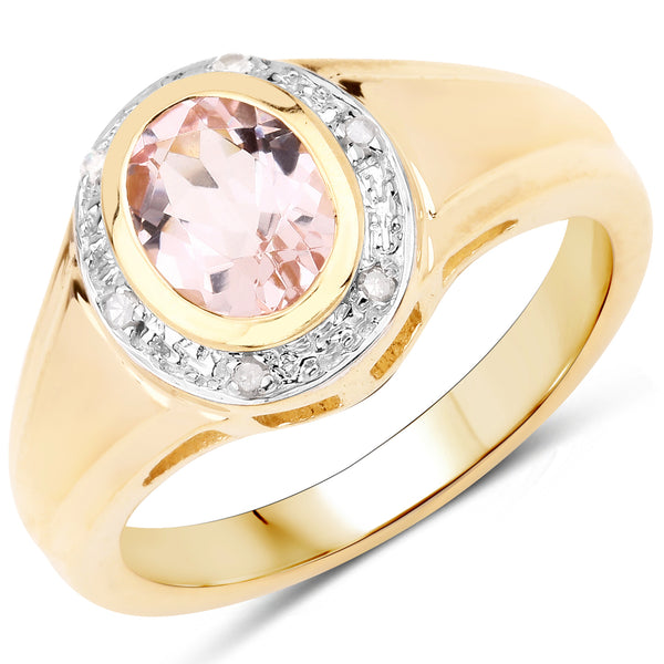 Genuine 14K Yellow Gold Plated Morganite and White Diamond Sterling Silver Halo Ring