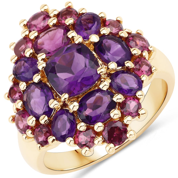 Genuine 14K Yellow Gold Plated Amethyst and Rhodolite Sterling Silver Cluster Ring