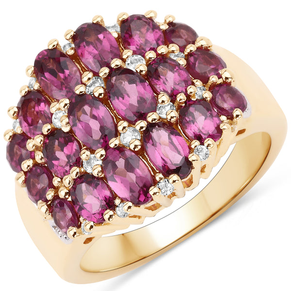 Genuine 14K Yellow Gold Plated Rhodolite and White Topaz Sterling Silver Cluster Ring