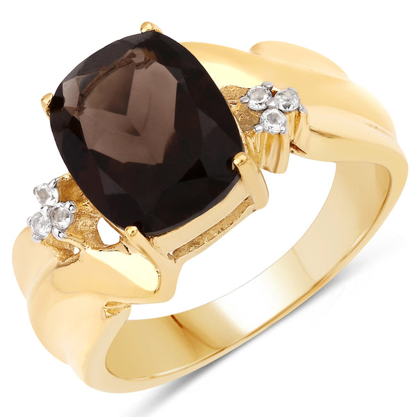 Genuine 14K Yellow Gold Plated Smoky Quartz and White Topaz Sterling Silver Solitaire Ring