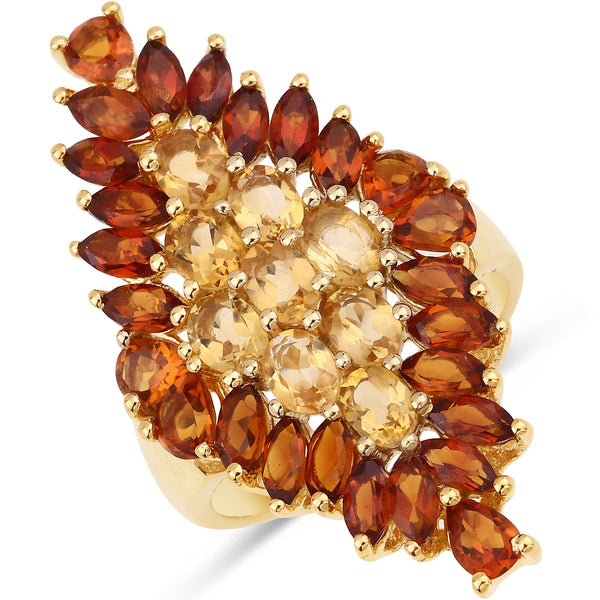 Genuine 14K Yellow Gold Plated Golden Citrine and Madeira Citrine Sterling Silver Cluster Ring