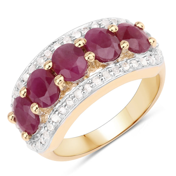 Genuine 14K Yellow Gold Plated Ruby and White Diamond Sterling Silver 5-Stone Ring