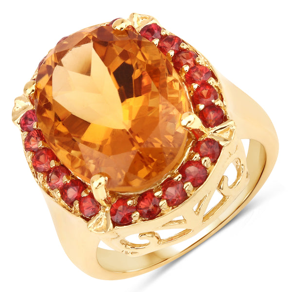 Genuine 14K Yellow Gold Plated Madeira Citrine and Red Orange Sapphire Sterling Silver Ring