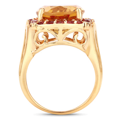 Genuine 14K Yellow Gold Plated Madeira Citrine and Red Orange Sapphire Sterling Silver Ring