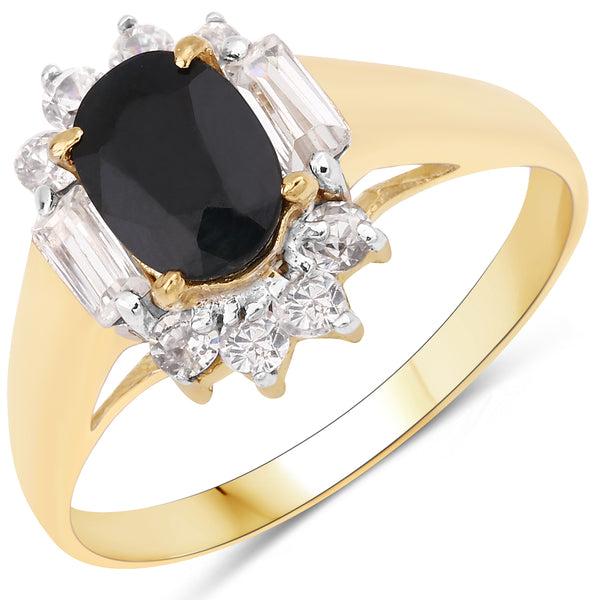 Genuine 14K Yellow Gold Plated Black Sapphire and White Topaz Sterling Silver Cocktail Ring