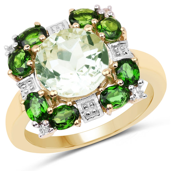 Genuine 14K Yellow Gold Plated Green Amethyst, Chrome Diopside and White Topaz Sterling Silver Ring