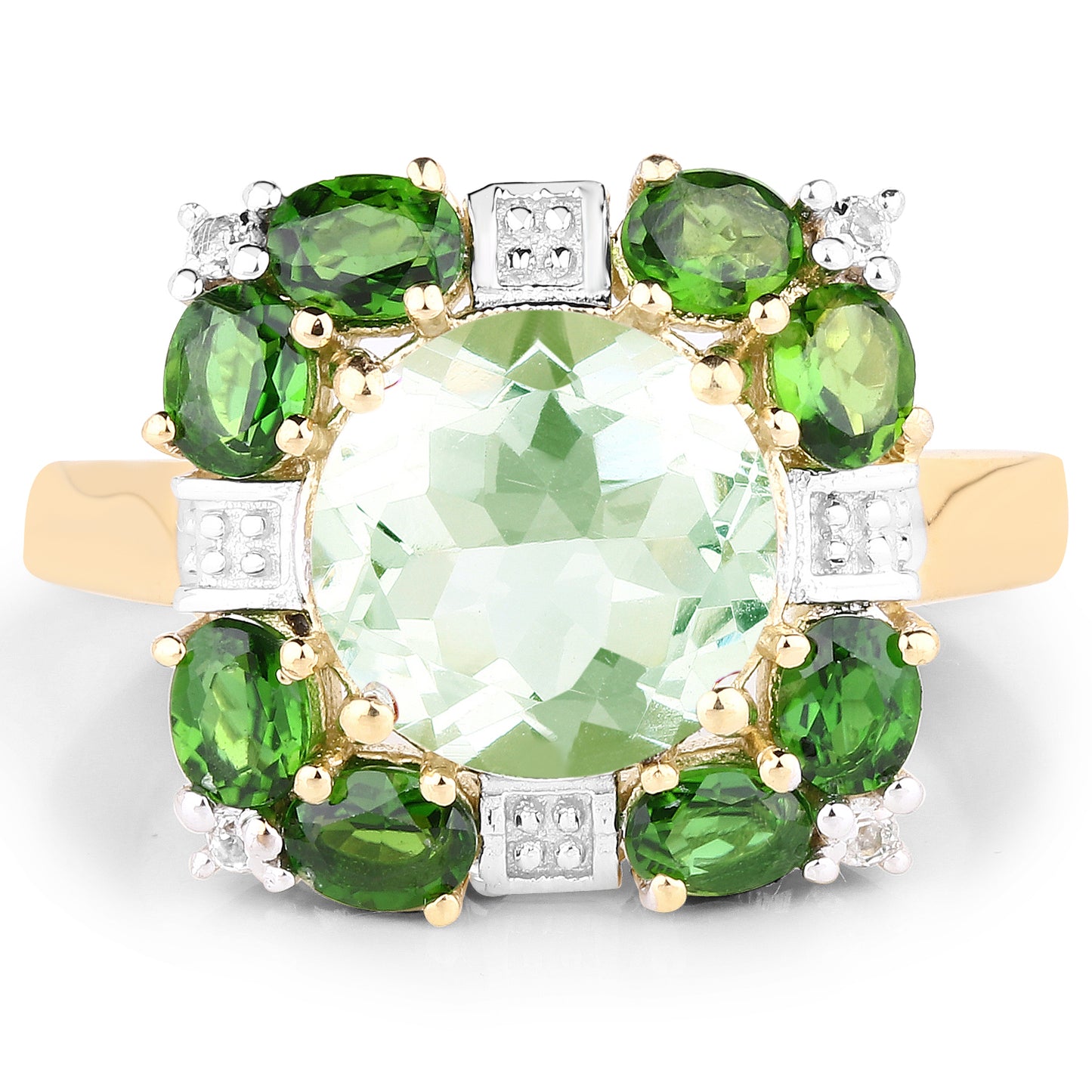 Genuine 14K Yellow Gold Plated Green Amethyst, Chrome Diopside and White Topaz Sterling Silver Ring