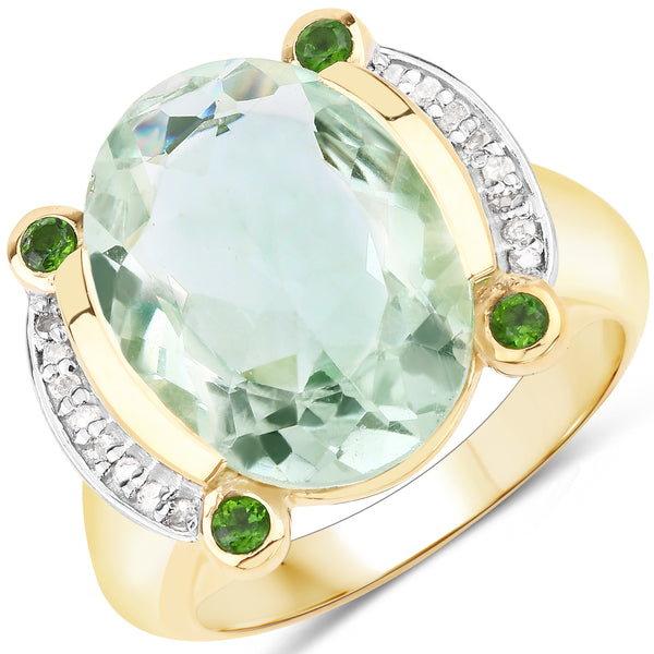 Genuine 14K Yellow Gold Plated Green Amethyst, Chrome Diopside and White Diamond Sterling Silver Cocktail Ring