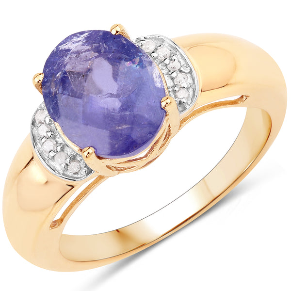 Genuine 14K Yellow Gold Plated Tanzanite and White Diamond Sterling Silver Bridge Ring