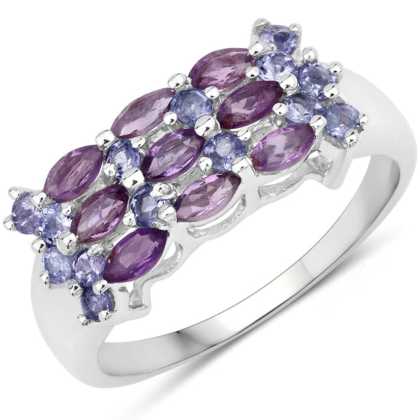 Genuine Amethyst and Tanzanite Sterling Silver Cocktail Ring