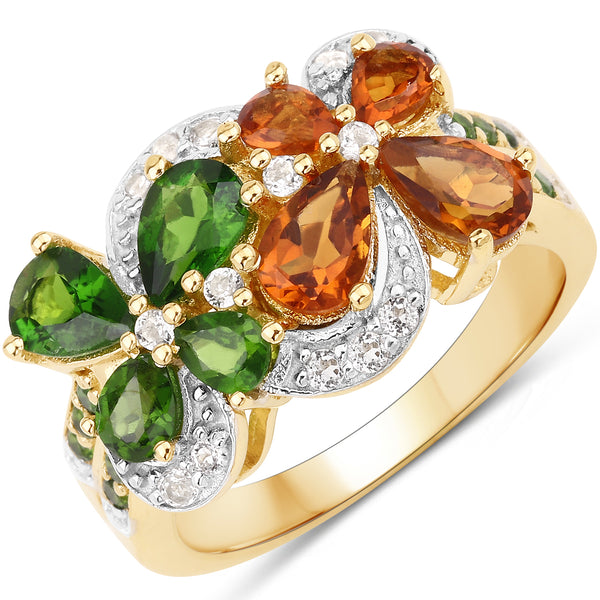 Genuine 14K Yellow Gold Plated Madeira Citrine, Chrome Diopside and White Topaz Butterfly Ring