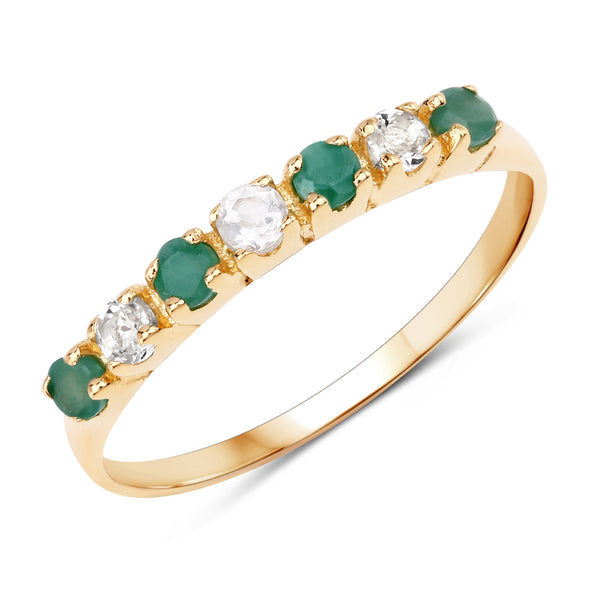 Genuine 14K Yellow Gold Plated Emerald and White Topaz Sterling Silver Band Ring