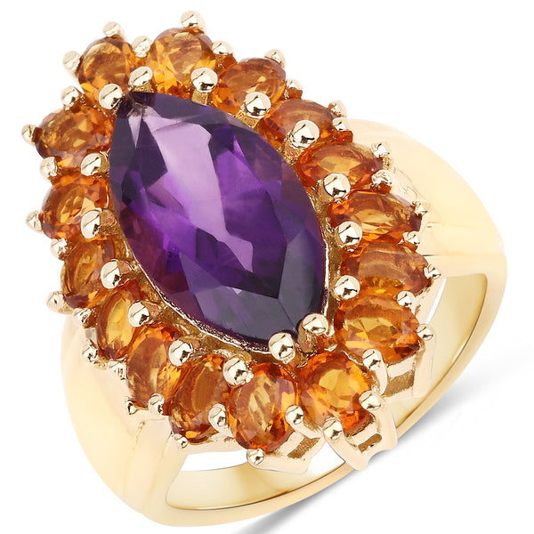 Genuine 14K Yellow Gold Plated Amethyst and Madeira Citrine Sterling Silver Halo Ring