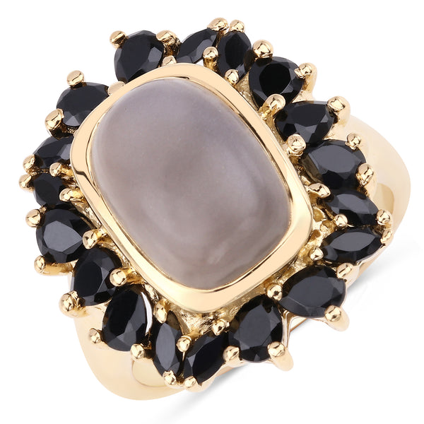 Genuine 14K Yellow Gold Plated Grey Moonstone and Black Spinel Sterling Silver Halo Ring