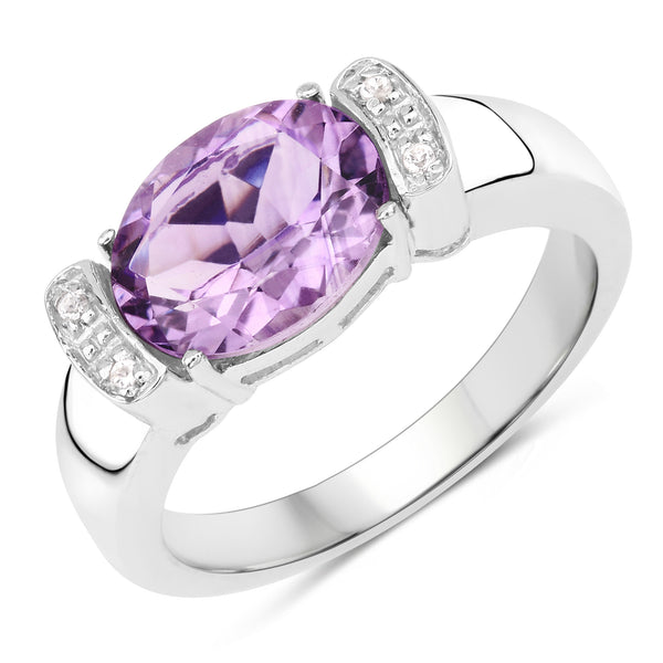 Genuine Amethyst and White Topaz  Sterling Silver Solitaire Ring