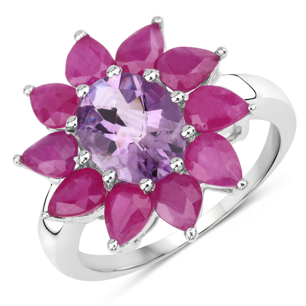 Genuine Amethyst and Ruby Sterling Silver Floral Ring