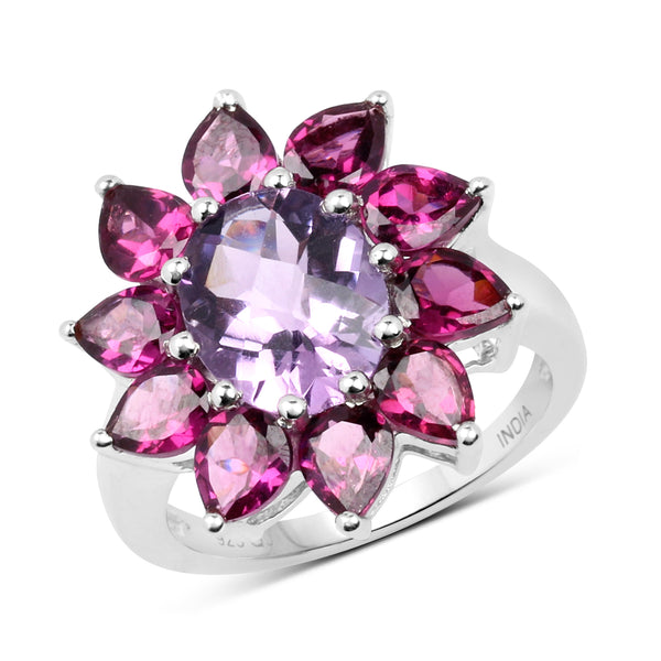 Genuine Amethyst and Rhodolite Sterling Silver Floral Ring