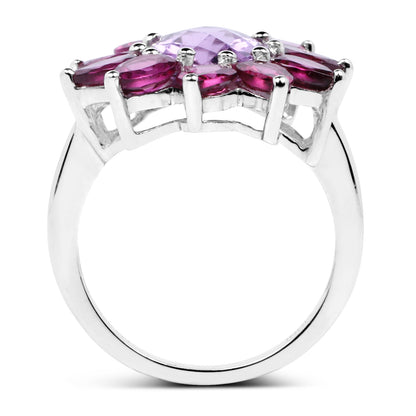 Genuine Amethyst and Rhodolite Sterling Silver Floral Ring