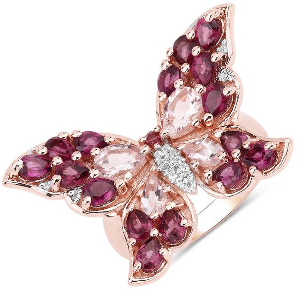 Genuine 14K Rose Gold Plated Morganite Rhodolite and White Topaz Sterling Silver Butterfly Ring