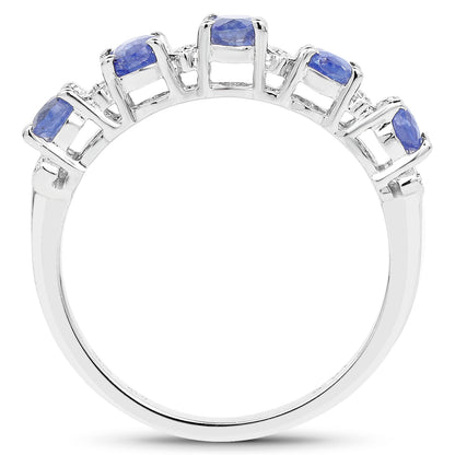 Glass Filled Sapphire and White Diamond Sterling Silver 5-Stone Graduated Ring