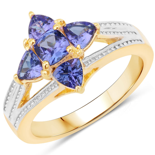 Genuine 14K Yellow Gold Plated Tanzanite Sterling Silver Floral Ring