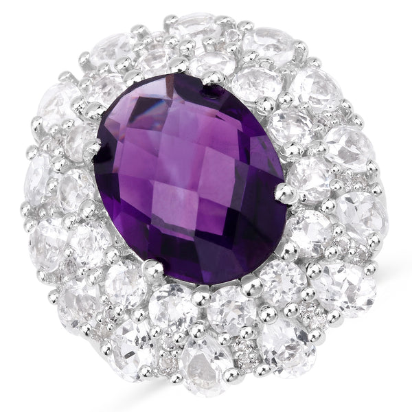 Genuine Amethyst and White Topaz Sterling Silver Graduated Ring