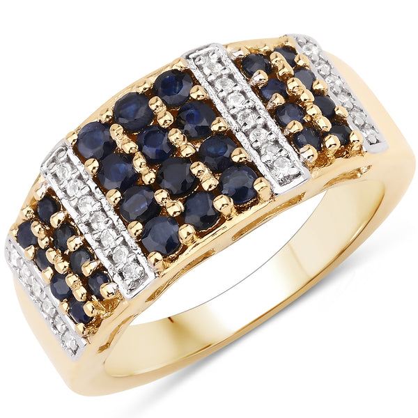 Genuine 14K Yellow Gold Plated Ring Blue Sapphire and White Topaz Sterling Silver Ring