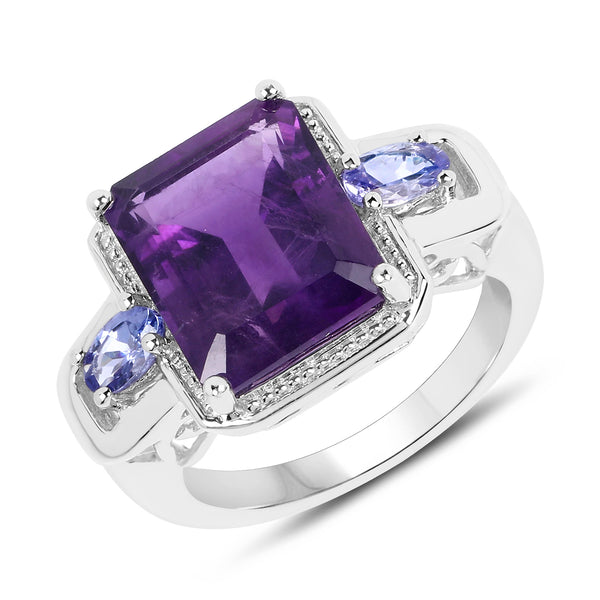 Genuine Amethyst and Tanzanite Sterling Silver 3-Stone Graduated Ring