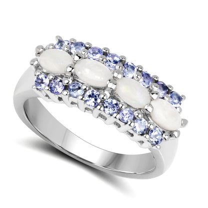 Genuine Opal and Tanzanite Sterling Silver Graduated Ring