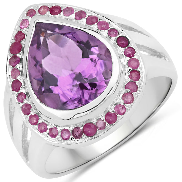 Genuine Amethyst and Ruby Sterling Silver Graduated Ring