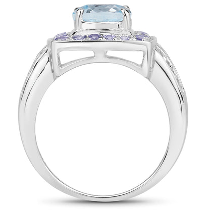 Genuine Blue Topaz, Tanzanite and White Topaz Sterling Silver Halo Ring