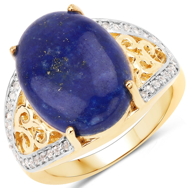 Genuine 14K Yellow Gold Plated Lapis and White Topaz Sterling Silver Filigree Ring