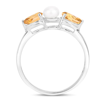 Genuine Pearl and Citrine Sterling Silver 3-Stone Graduated Ring