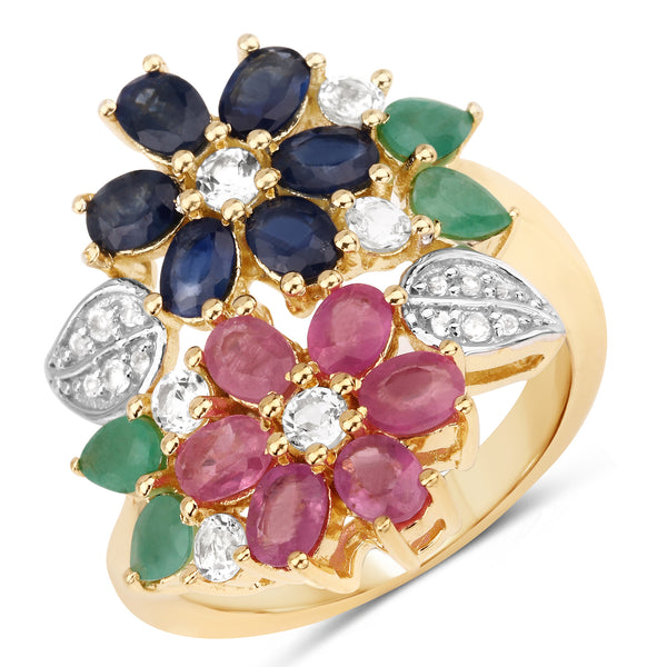 Genuine 14K Yellow Gold Plated Multi Stones Sterling Silver Ring