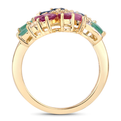 Genuine 14K Yellow Gold Plated Multi Stones Sterling Silver Ring