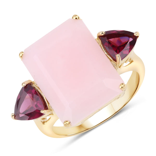 Genuine 14K Yellow Gold Plated Pink Opal and Rhodolite Sterling Silver Graduated Ring